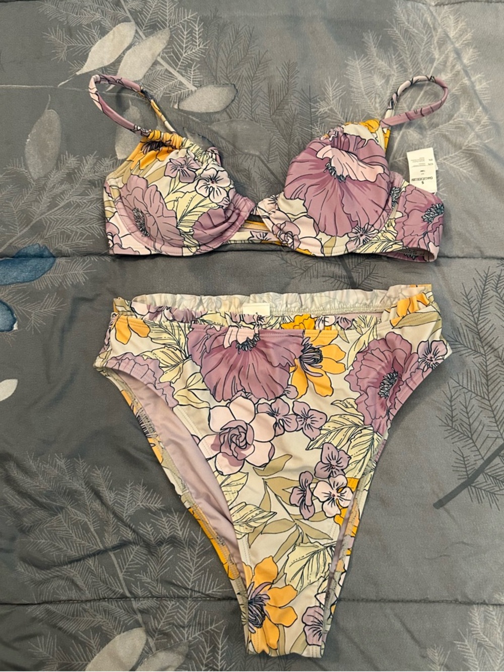NWTS Cupshe Lavender Floral Underwire Bikini with Yellow Accents Sz S